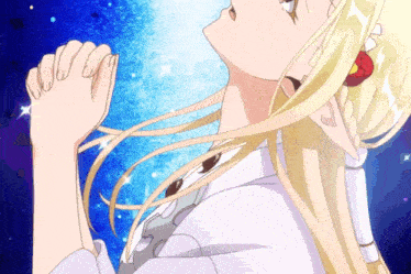a girl with blonde hair and a red flower in her hair is praying