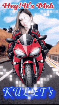 a cartoon of a woman riding a red motorcycle with the words hey it 's meh on the bottom
