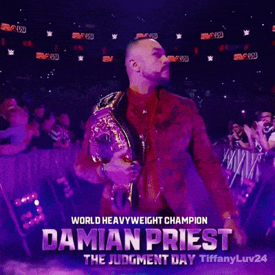 a poster for damian priest holding a world heavyweight champion belt