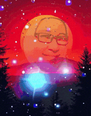 a cartoon of a man wearing glasses and a full moon with trees in the background