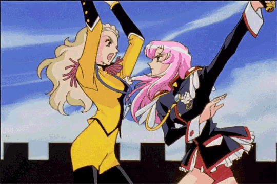a couple of anime girls standing next to each other with their arms in the air