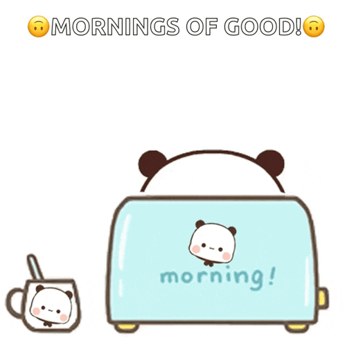 a cartoon of a panda sitting on top of a blue toaster that says morning on it