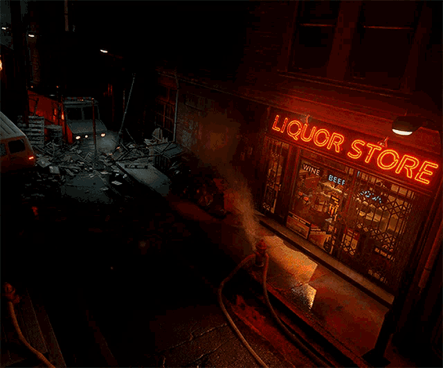 an aerial view of a liquor store with smoke coming out of the door