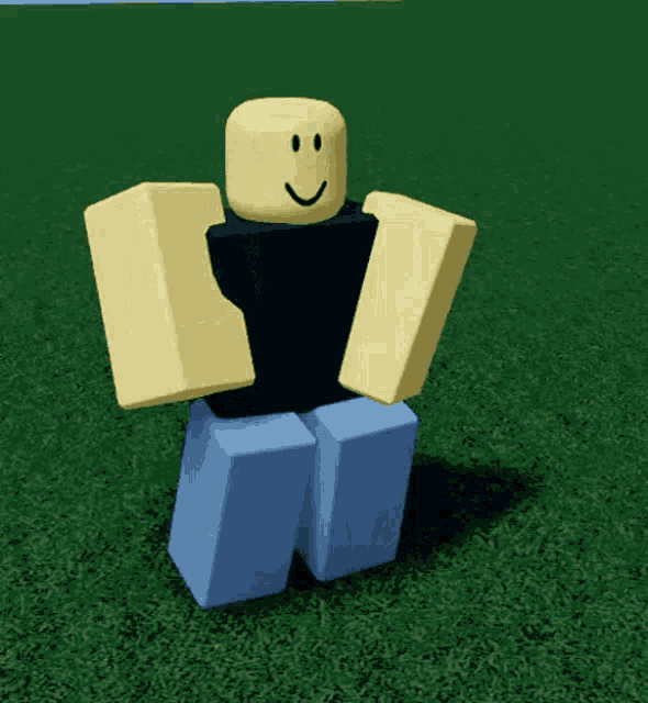 a roblox character with a smile on his face is standing in the grass