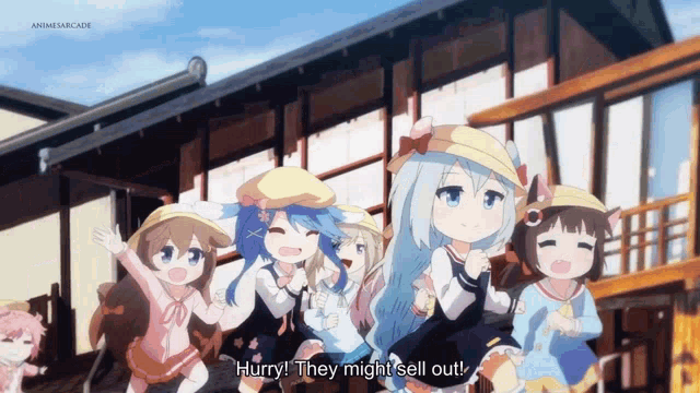 a group of anime girls are standing in front of a building with the words hurry they might sell out