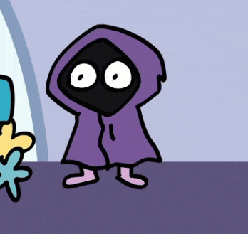a cartoon character wearing a purple cape with a black face and white eyes
