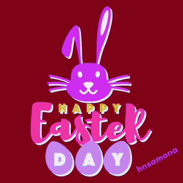 a happy easter day greeting card with a pink bunny