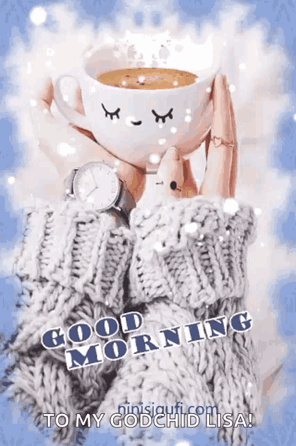 a woman in a sweater is holding a cup of coffee with a face drawn on it