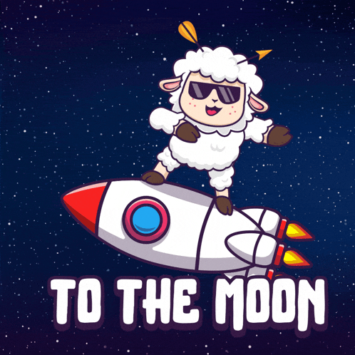 a cartoon of a sheep riding on top of a rocket with the words to the moon below it