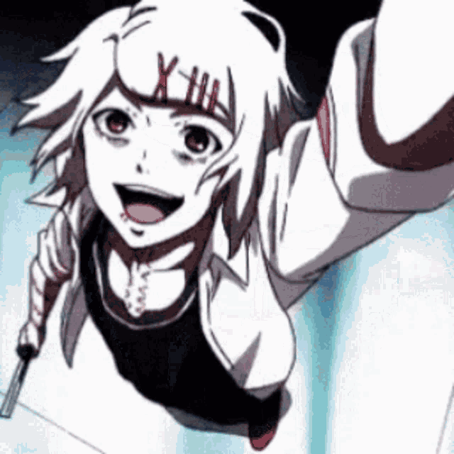 a cartoon character with white hair and red eyes is holding a knife and smiling .