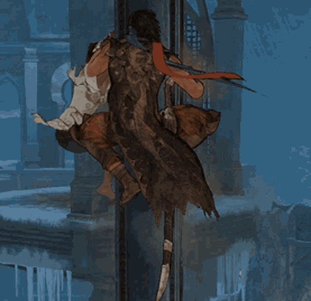 a man is holding a sword over a woman who is flying through the air