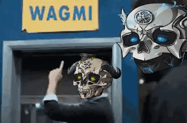a cartoon drawing of a skull pointing at a sign that says wagmi