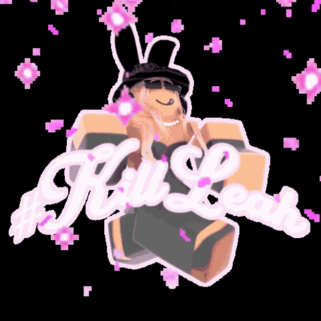 a girl in a bunny hat is surrounded by pink flowers and the name hill leah
