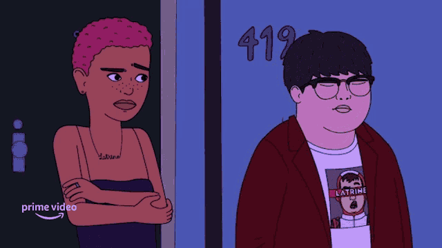 a man and a woman are standing next to each other in front of a door with the number 419 on it