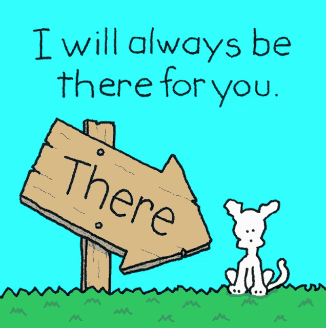 a cartoon of a dog pointing at a sign that says there