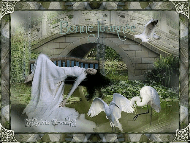 a woman in a white dress is laying on a bench under a bridge with the words bonne journee on the bottom