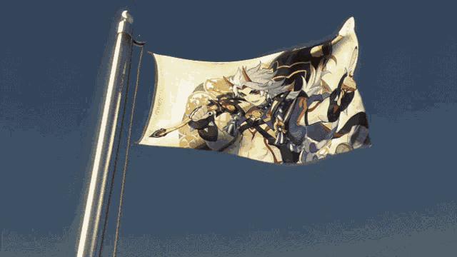 a flag with a picture of a demon holding a sword