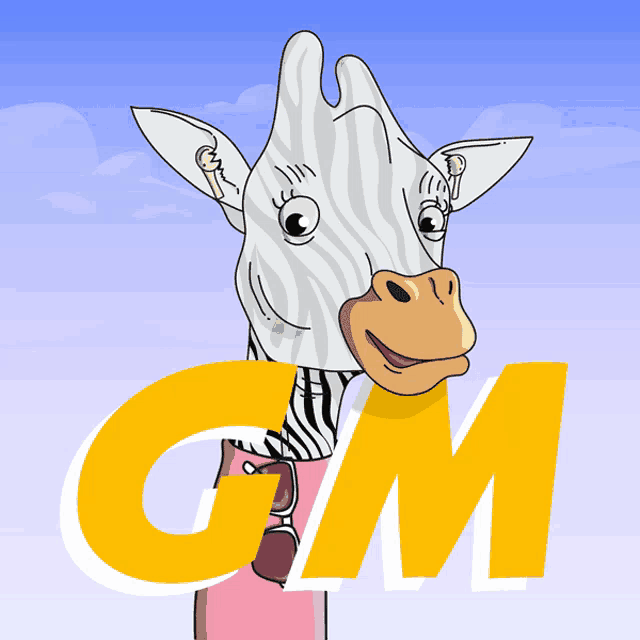 a cartoon of a giraffe with the letter gm below it