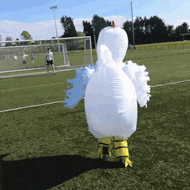 a person in an inflatable chicken costume on a field