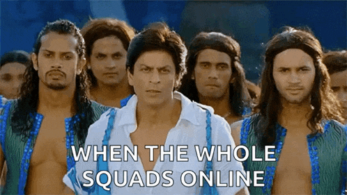 a group of men standing next to each other with the words when the whole squads online above them