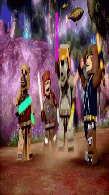 a group of lego figures standing next to each other with one holding a green light saber
