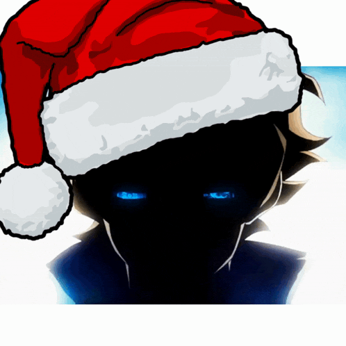 a drawing of a person wearing a santa hat with blue eyes