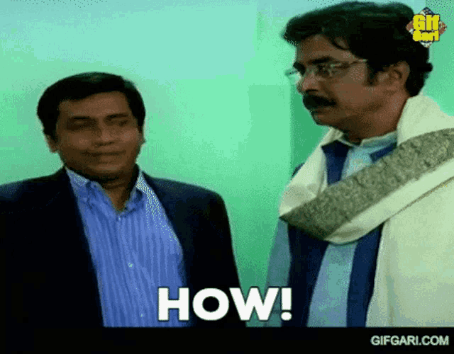 two men are standing next to each other and one of them is asking the other how .