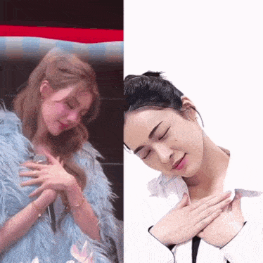 a woman in a fur coat and a woman in a white shirt with their hands on their chest