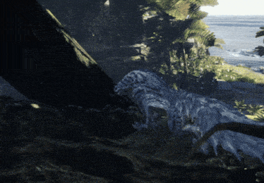a computer generated image of a leopard in a forest near the ocean