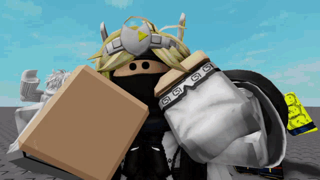 a cartoon character holding a cardboard box with the letter g on the sleeve