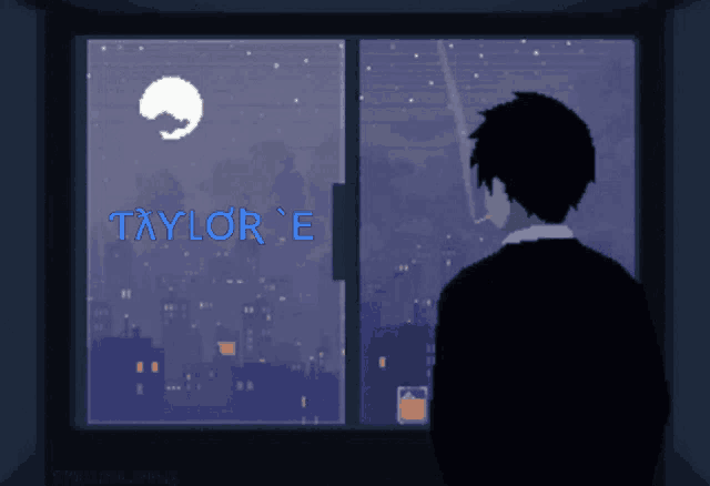 a pixel art of a man smoking a cigarette looking out a window with the name taylor e on the bottom