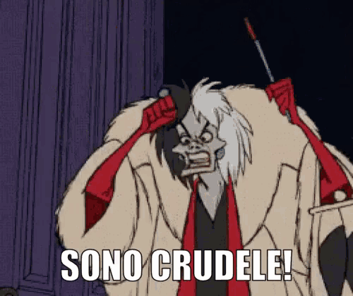 a cartoon character with the words sono crudele written on the bottom