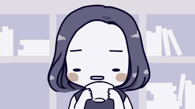 a cartoon of a woman holding a cup in front of a bookshelf