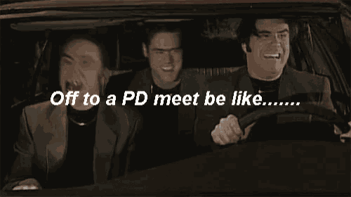 three men are laughing in a car and the words off to a pd meet be like