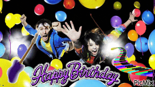 a happy birthday card with balloons and a keyboard