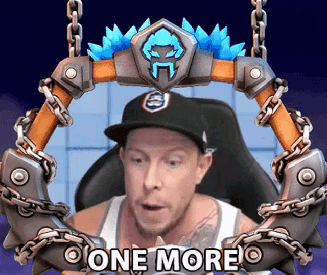 a man in a hat is surrounded by chains with the words one more written below him
