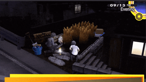 a screenshot of a video game that says evening on the bottom