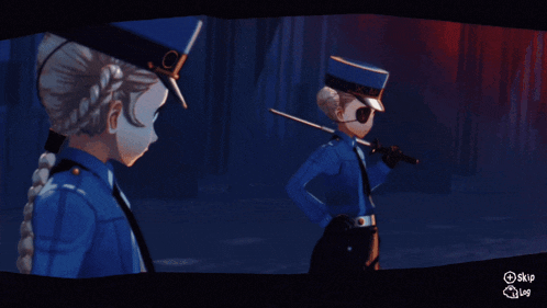 a screenshot of a video game shows two female police officers standing next to each other with the words skip and log below them