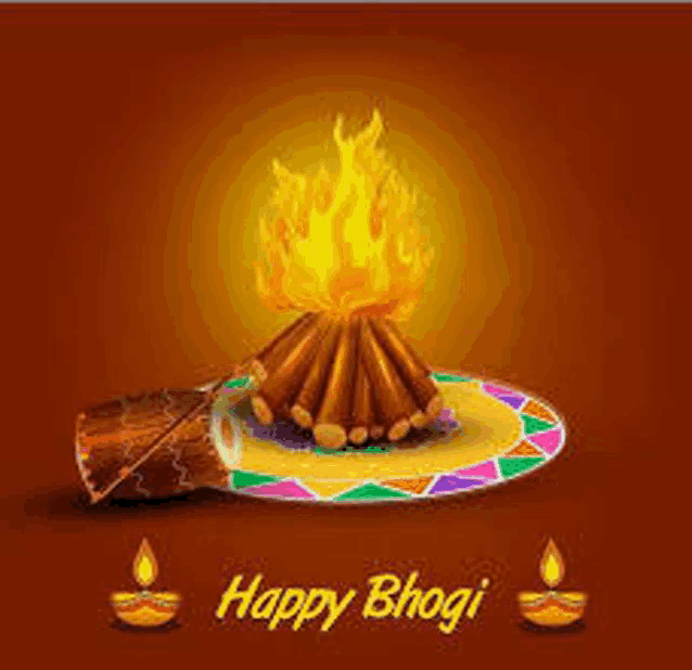 a happy bhogi greeting card with a bonfire and candles on a plate .
