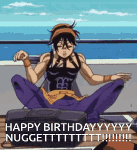 a cartoon character is sitting in a lotus position with the words happy birthday nuggettttttt !!!