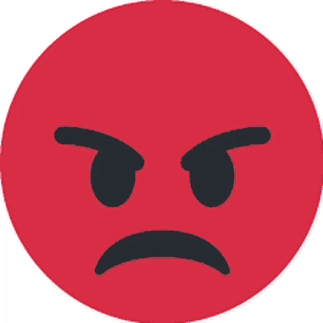 a red smiley face with an angry look on it