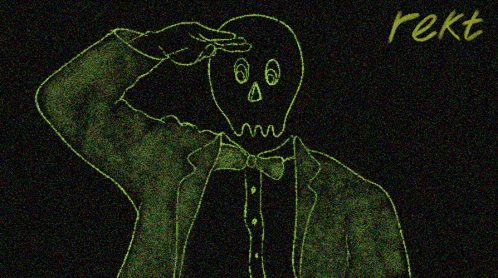 a drawing of a skeleton in a suit and bow tie with the word rekt written below it
