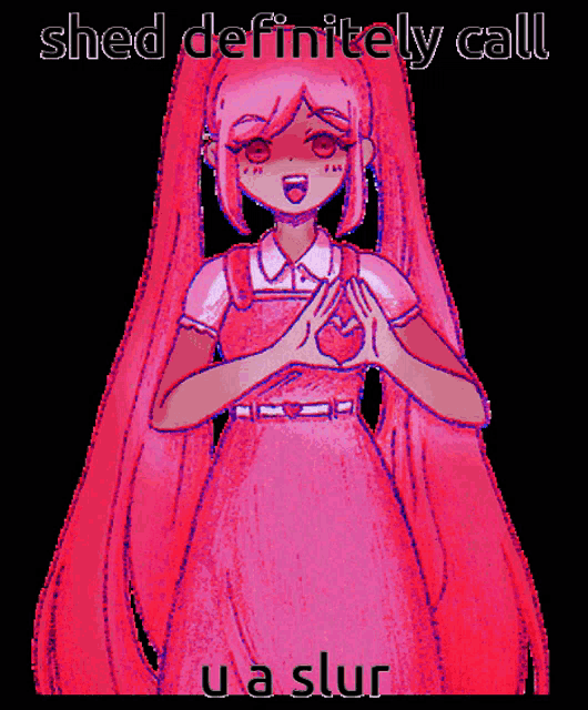 a drawing of a girl in a pink dress with the words " shed definitely call u a slur "