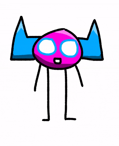 a cartoon drawing of a pink ball with blue horns and arms