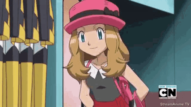 a cartoon girl wearing a pink hat and a black shirt is standing in front of a closet .