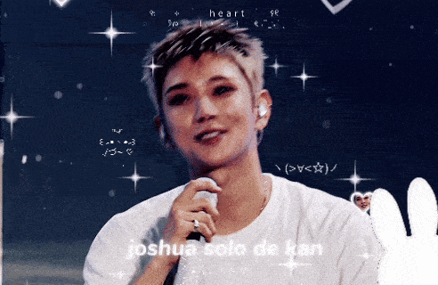 a man in a white shirt is holding a microphone and the words joshua solo de kan are on the screen