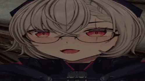 a close up of a girl wearing glasses with red eyes
