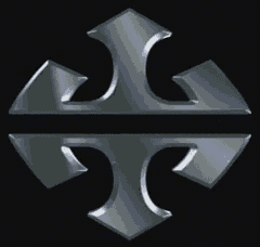 a silver cross on a black background with a light coming out of it