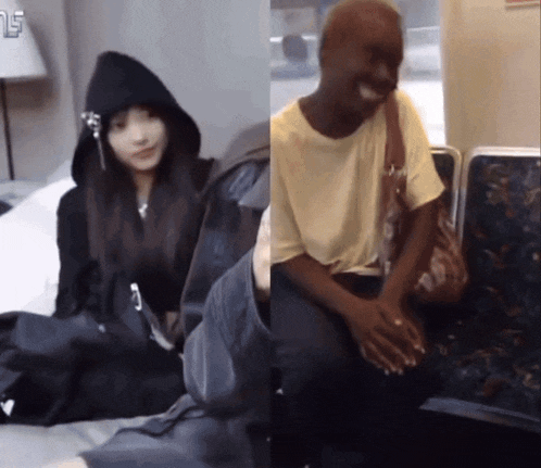 a woman in a black hoodie sits next to a man in a white shirt