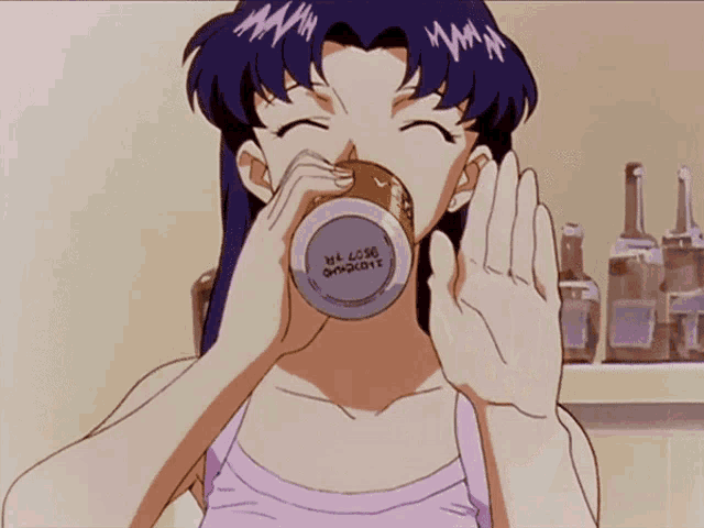 a woman is drinking from a can that says ' a.a.m.p.love ' on the back
